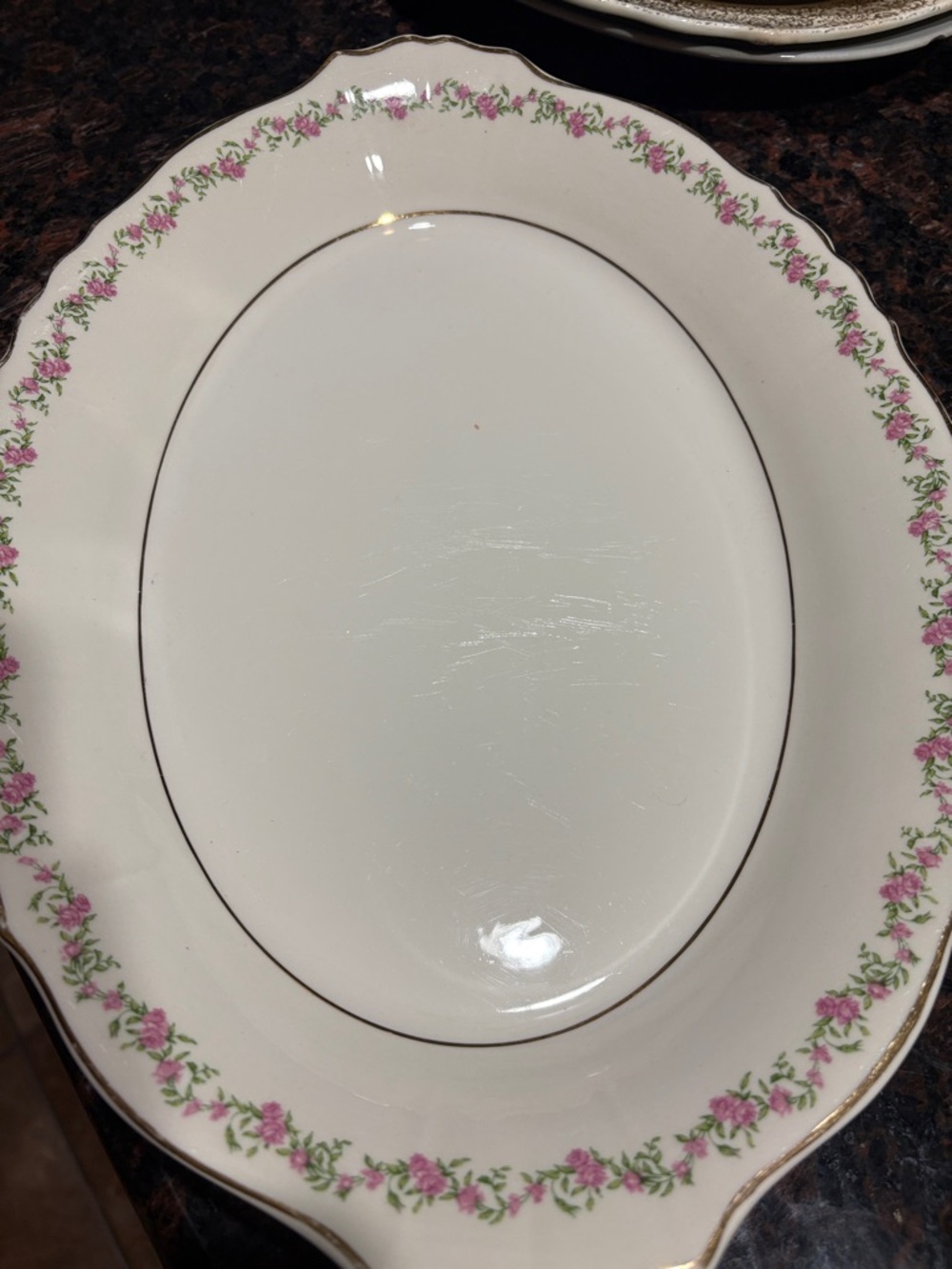 Classic White Oval Serving Platter with Pink Rose Garland